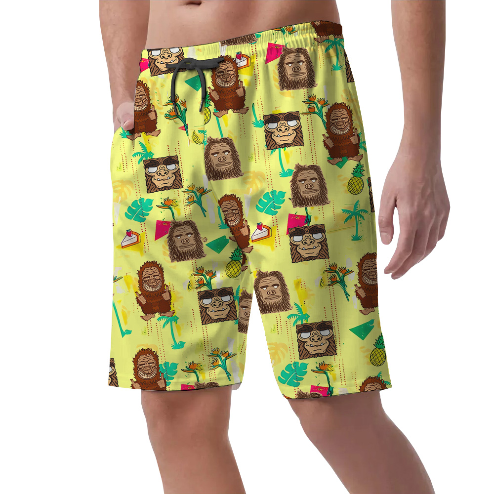Funny Tiki Bigfoot Yellow Hawaiian Beach Shorts For Men