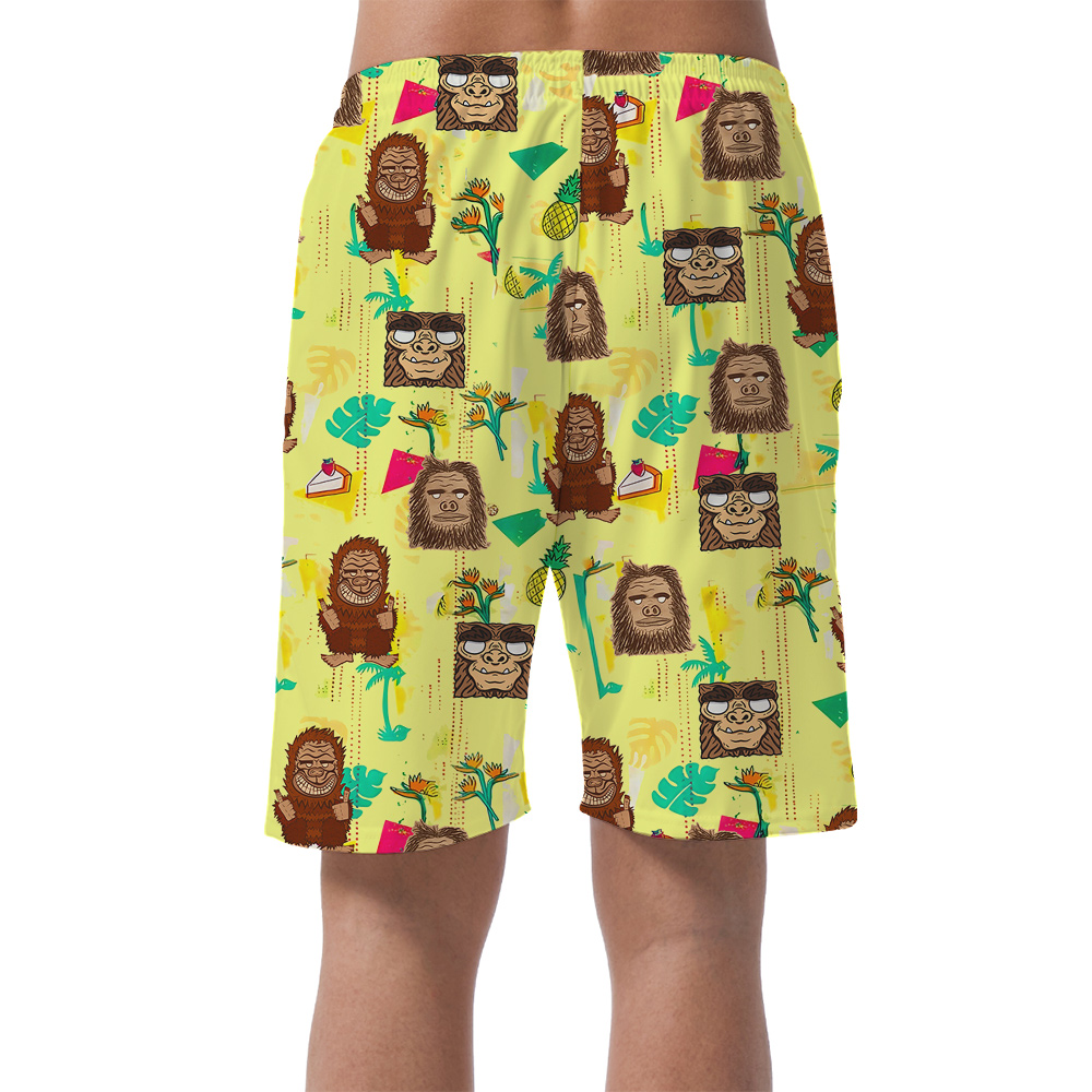 Funny Tiki Bigfoot Yellow Hawaiian Beach Shorts For Men
