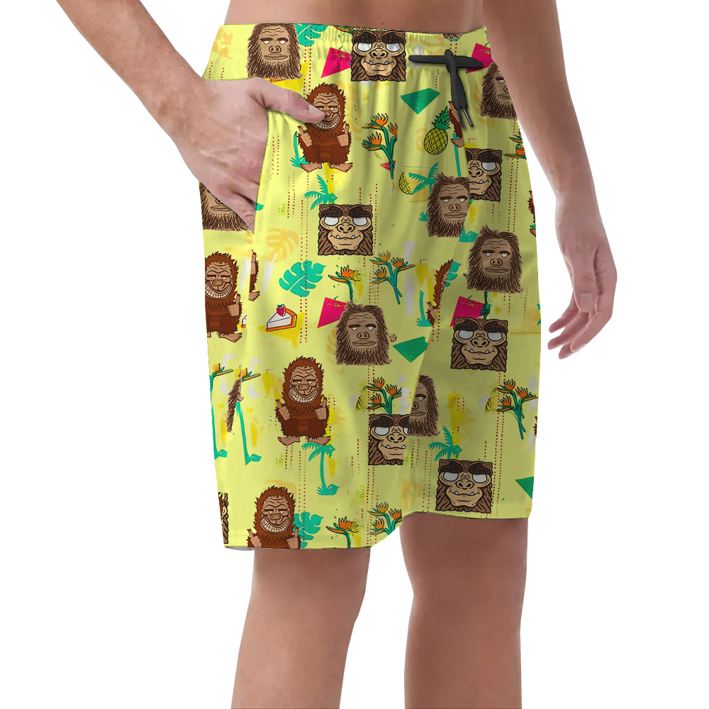 Funny Tiki Bigfoot Yellow Hawaiian Beach Shorts For Men