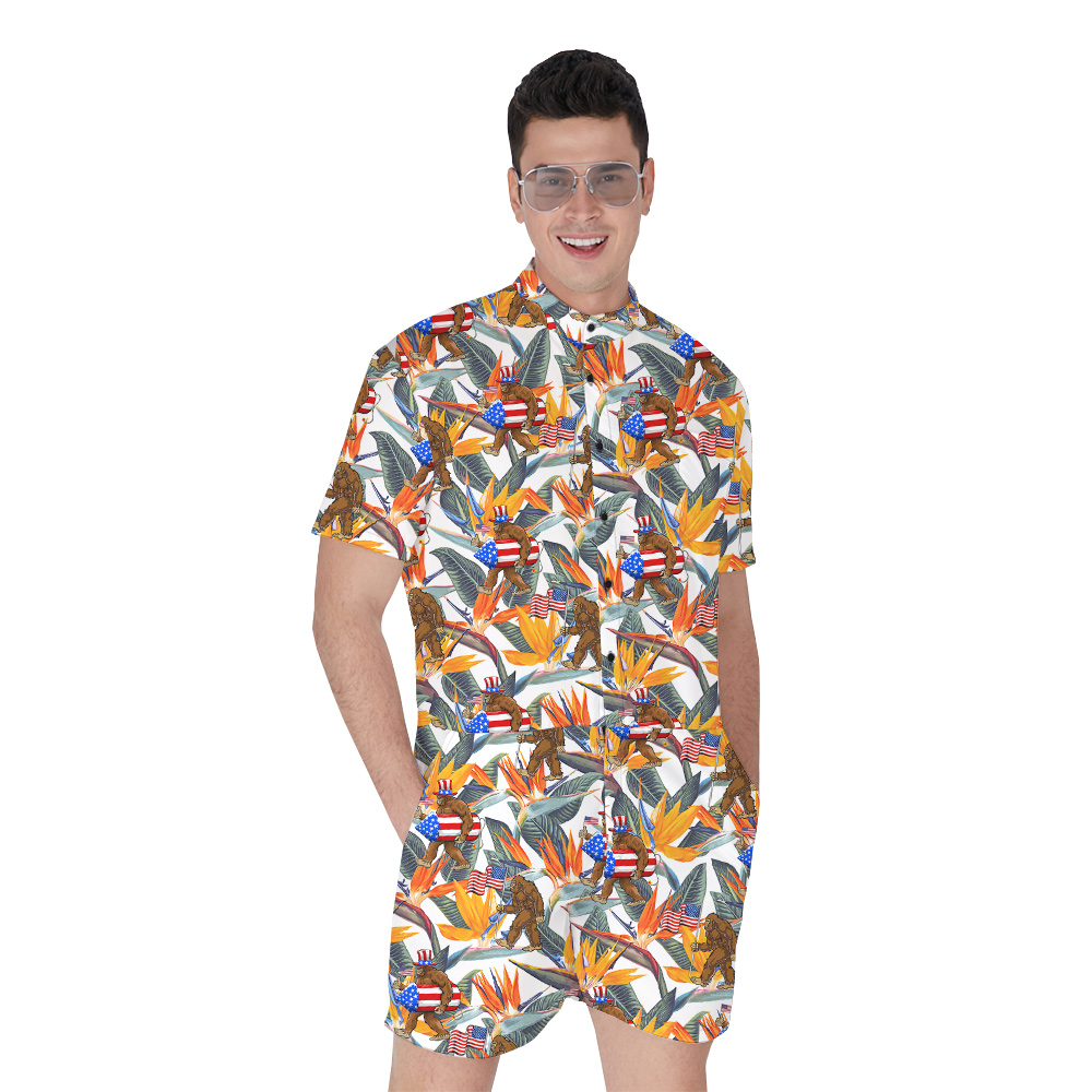 Funny Bigfoot Floral 4th Of July Hawaiian Romper For Men - variant image 1