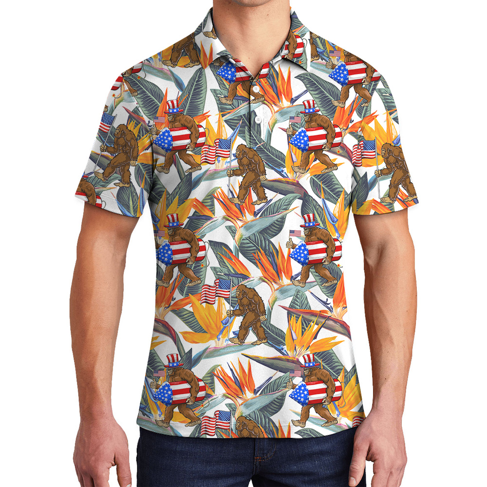 Funny Bigfoot 4th Of July Floral Hawaiian Polo Shirt For Men - variant image 1
