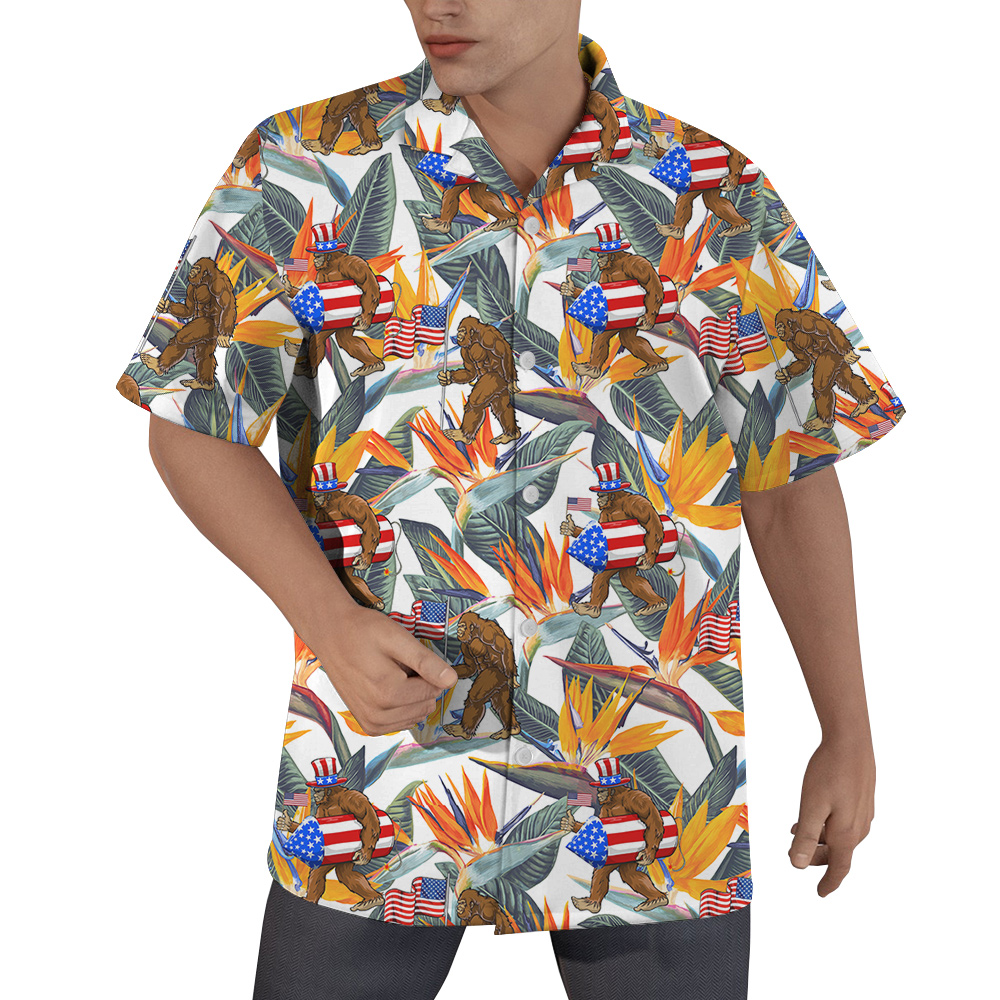 Funny Patriotic Bigfoot American Flag Floral Hawaiian Shirt - variant image 1