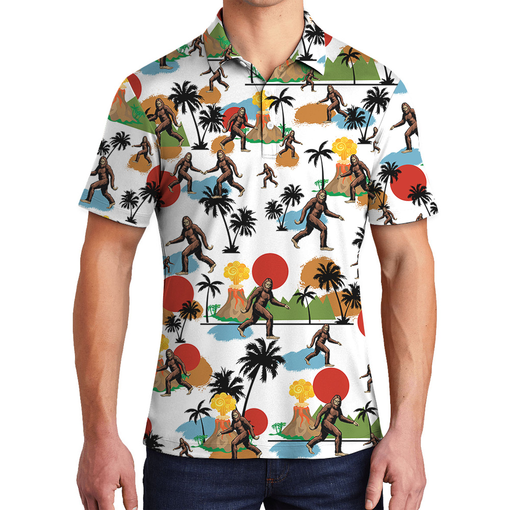 Tropical Islands Volcano Bigfoot Hawaiian Polo Shirt For Men - variant image 1