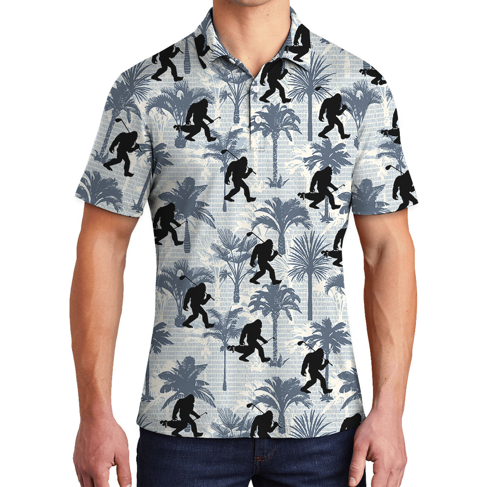Funny Sasquatch Golf Palm Trees Blue Hawaiian Polo Shirt - variant image 1