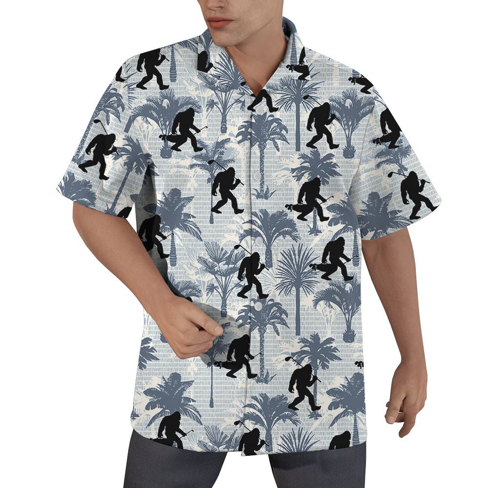 Funny Bigfoot Playing Golf Tropical Palm Trees Blue Hawaiian Shirt - variant image 1