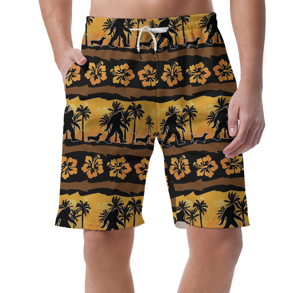 Vintage Hibiscus Bigfoot Walking Dog Hawaiian Beach Shorts For Men - variant image 1
