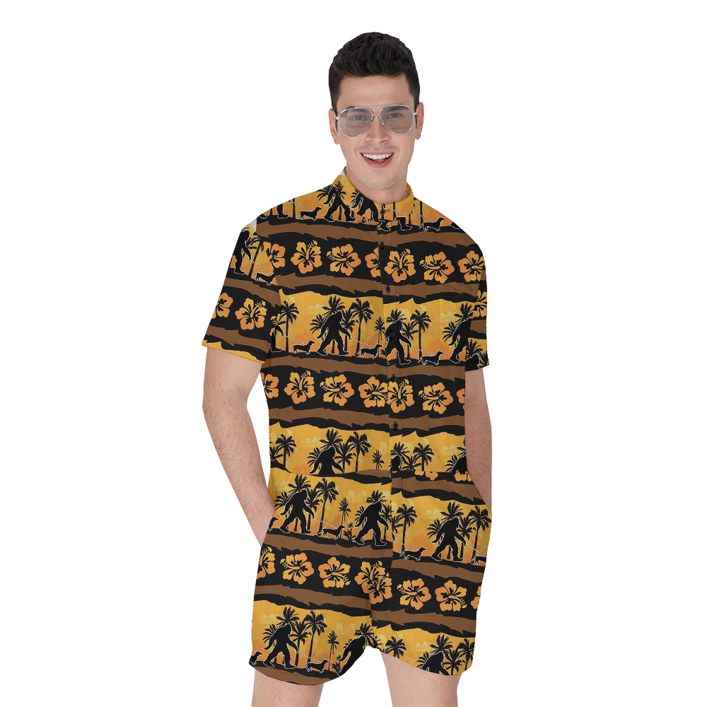 Funny Bigfoot Walking Dog Vintage Hibiscus Hawaiian Romper For Men - variant image 1