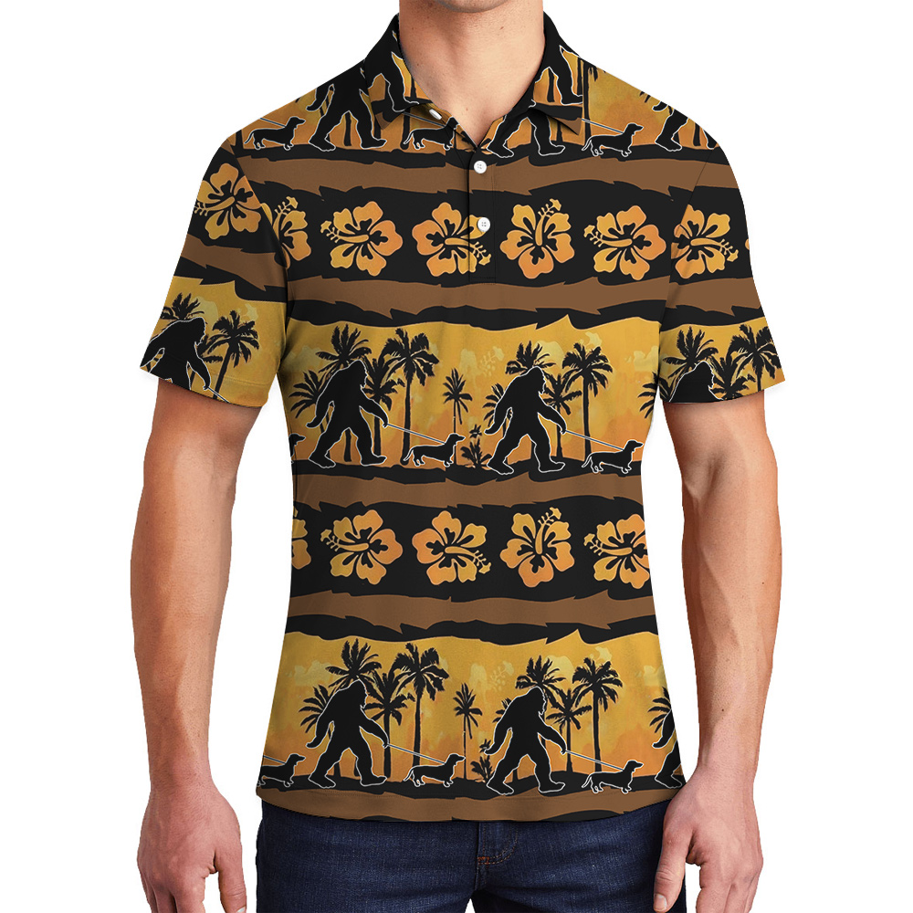 Funny Sasquatch Walking Dog Vintage Palm Tree Hawaiian Polo Shirt - variant image 1