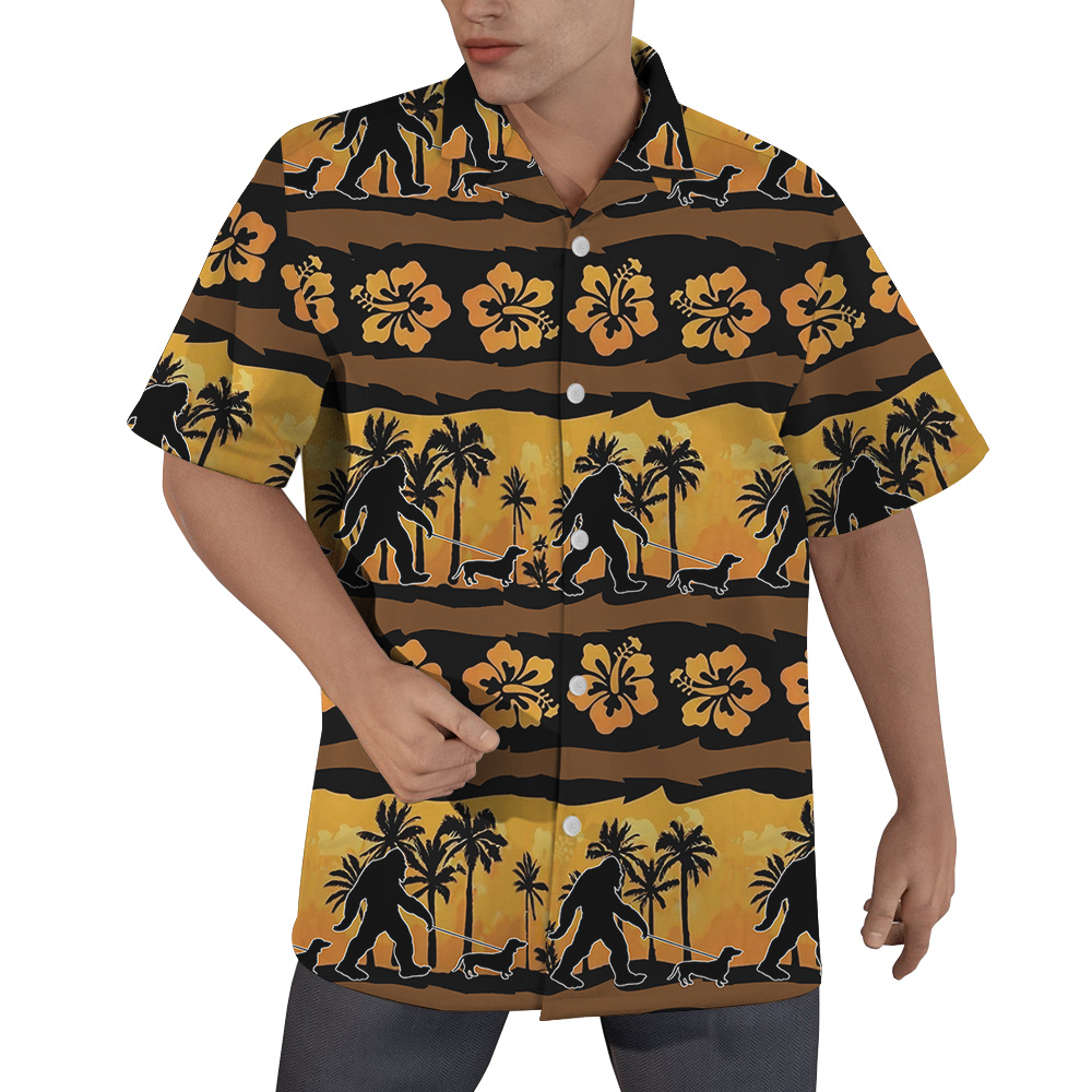 Vintage Bigfoot Walking Dachshund Hibiscus Orange Hawaiian Shirt - variant image 1