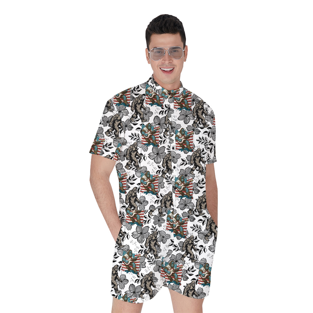 Floral Bigfoot American Flag Vintage Hawaiian Romper For Men - variant image 1