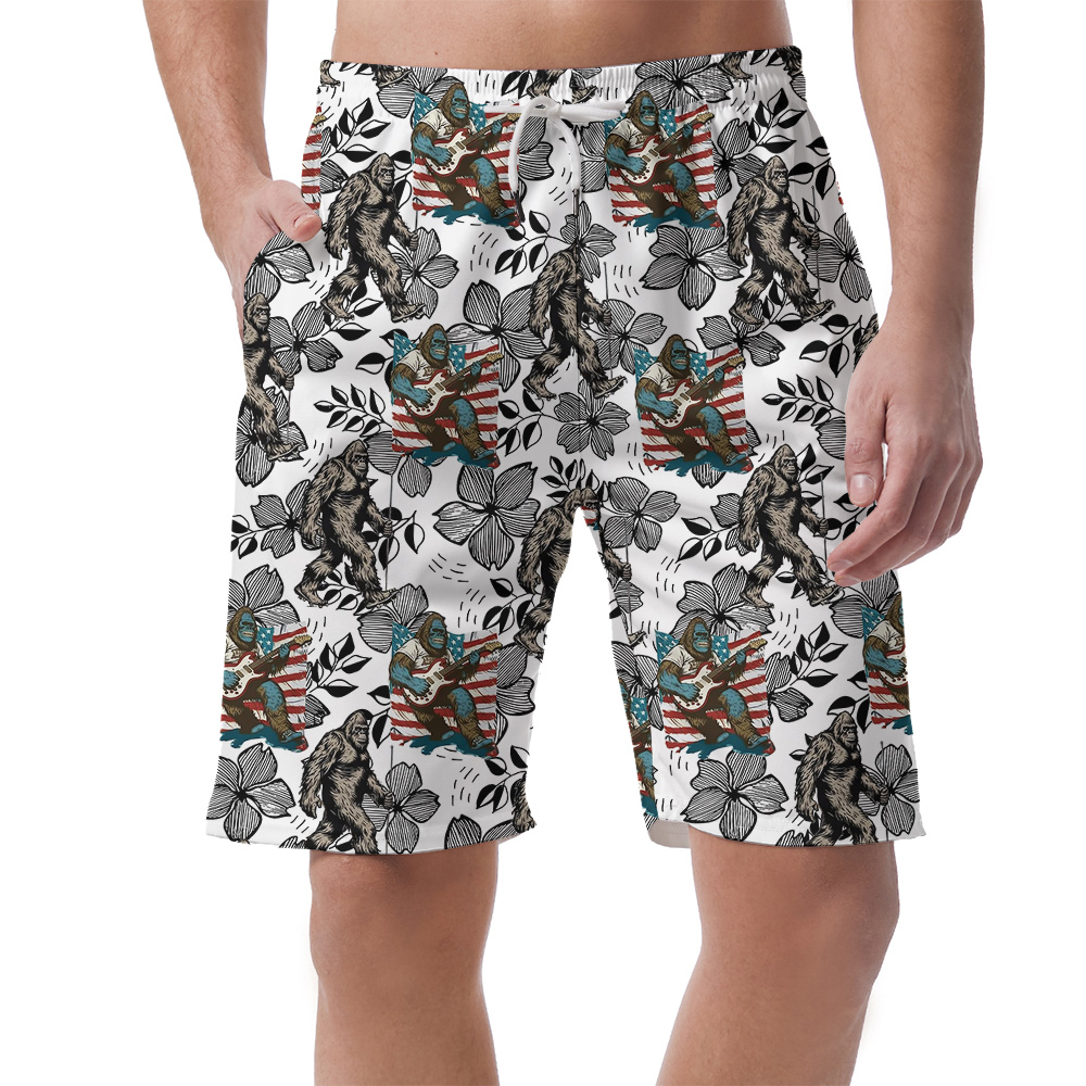 Funny Bigfoot American Flag Floral Vintage Hawaiian Beach Shorts For Men - variant image 1