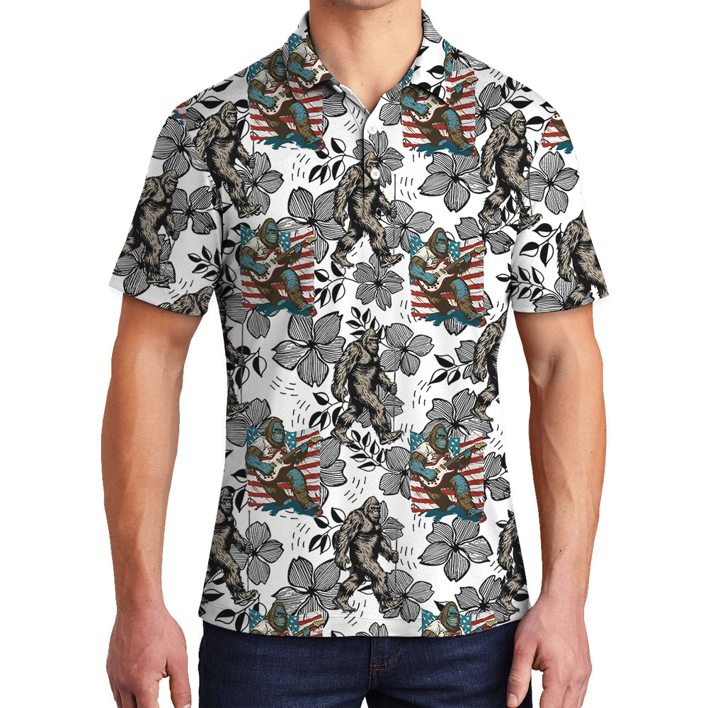 Funny Bigfoot Playing Guitar Vintage Patriotic Hawaiian Polo Shirt - variant image 1