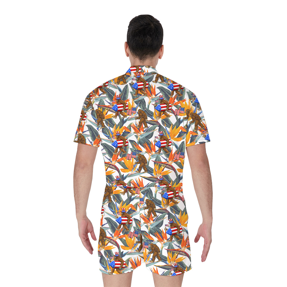 Funny Bigfoot Floral 4th Of July Hawaiian Romper For Men