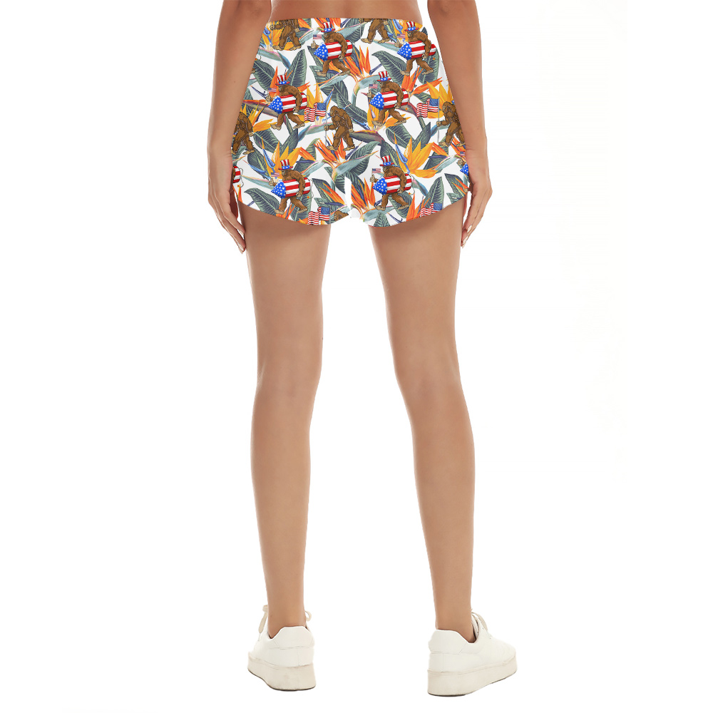 Floral Patriotic Sasquatch Hawaiian Beach Shorts For Women