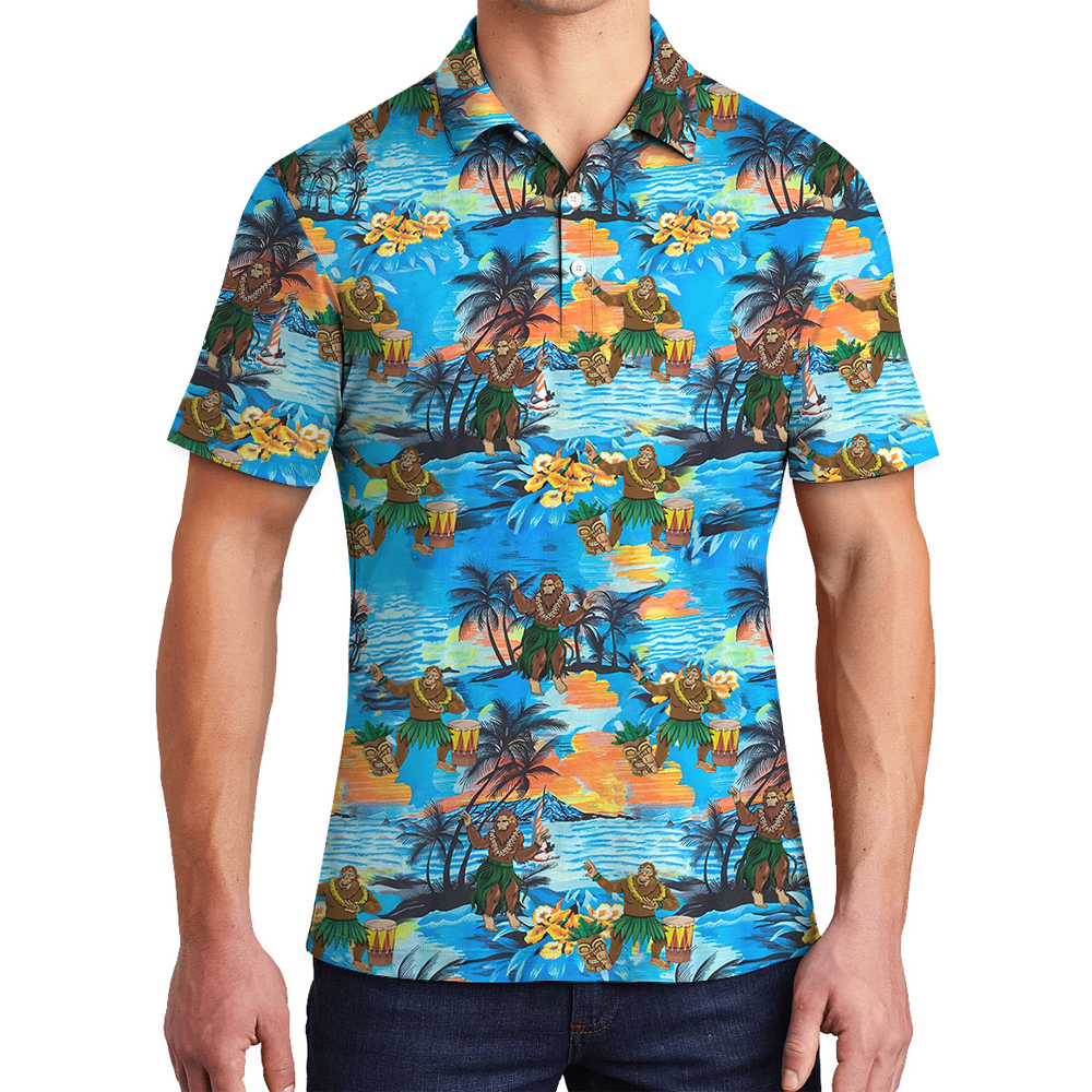 Funny Hula Sasquatch Tropical Islands Blue Hawaiian Polo Shirt For Men - variant image 1