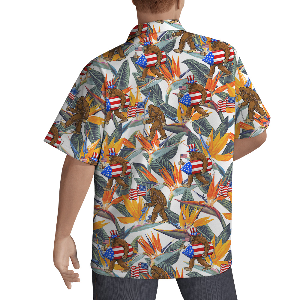 Funny Patriotic Bigfoot American Flag Floral Hawaiian Shirt