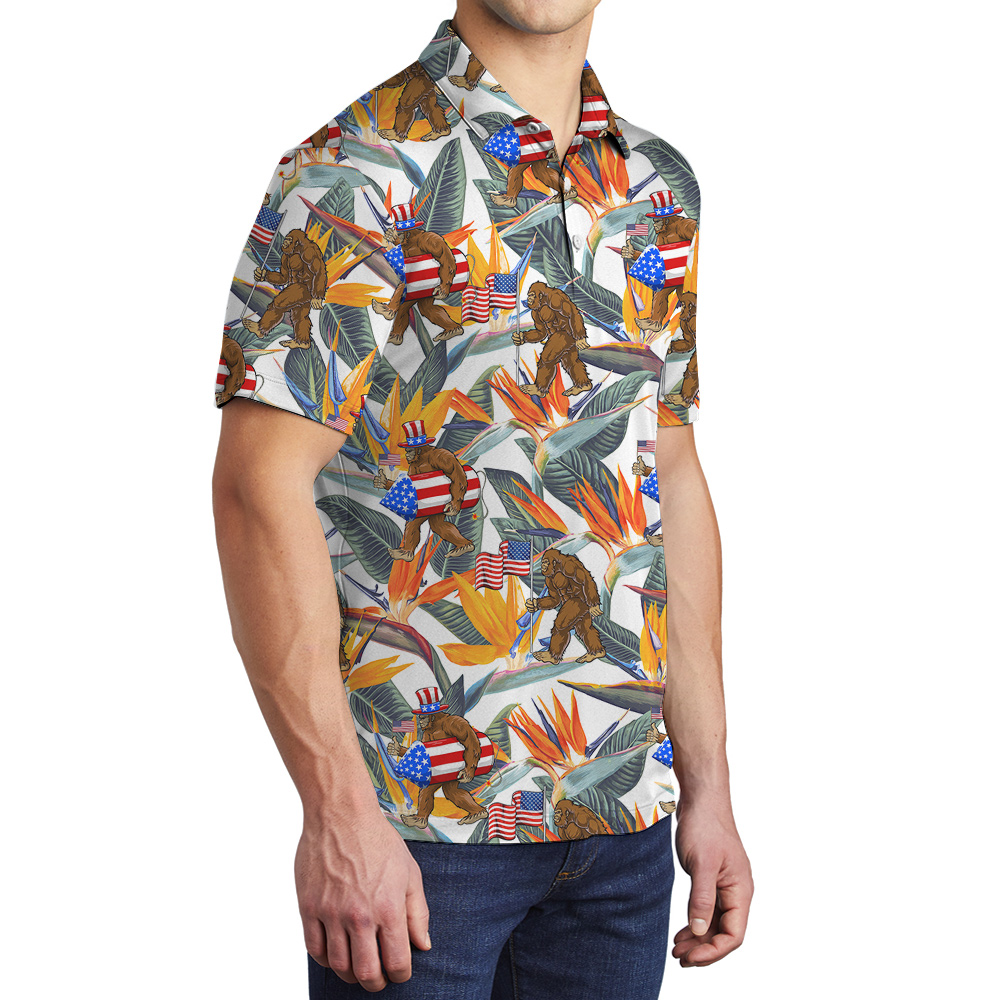 Funny Bigfoot 4th Of July Floral Hawaiian Polo Shirt For Men