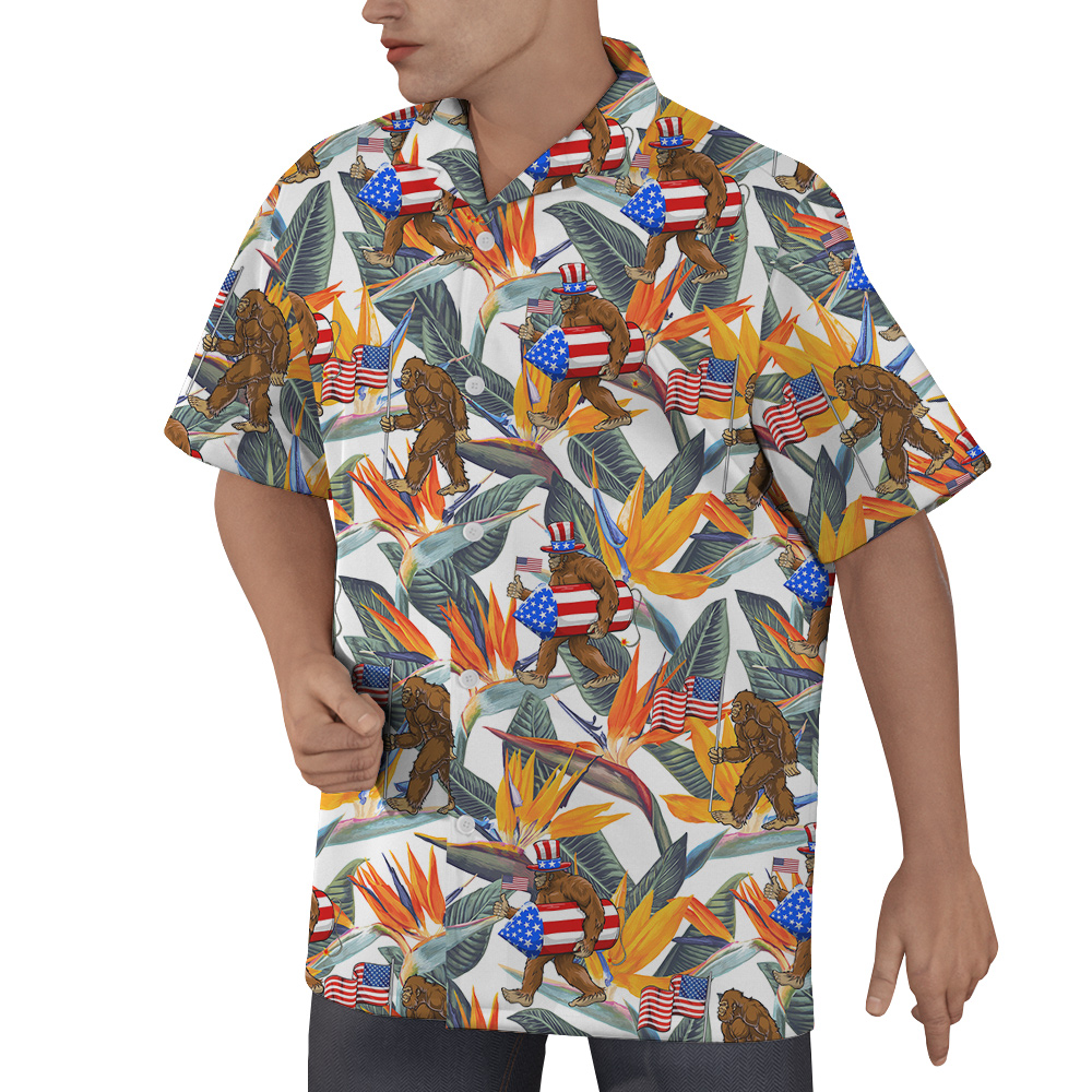 Funny Patriotic Bigfoot American Flag Floral Hawaiian Shirt