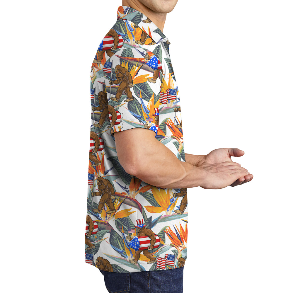Funny Bigfoot 4th Of July Floral Hawaiian Polo Shirt For Men
