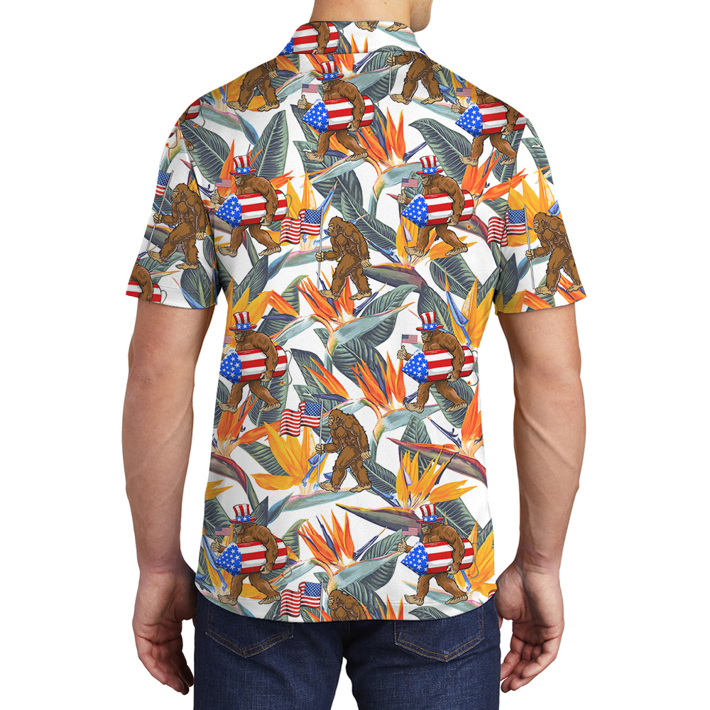 Funny Bigfoot 4th Of July Floral Hawaiian Polo Shirt For Men