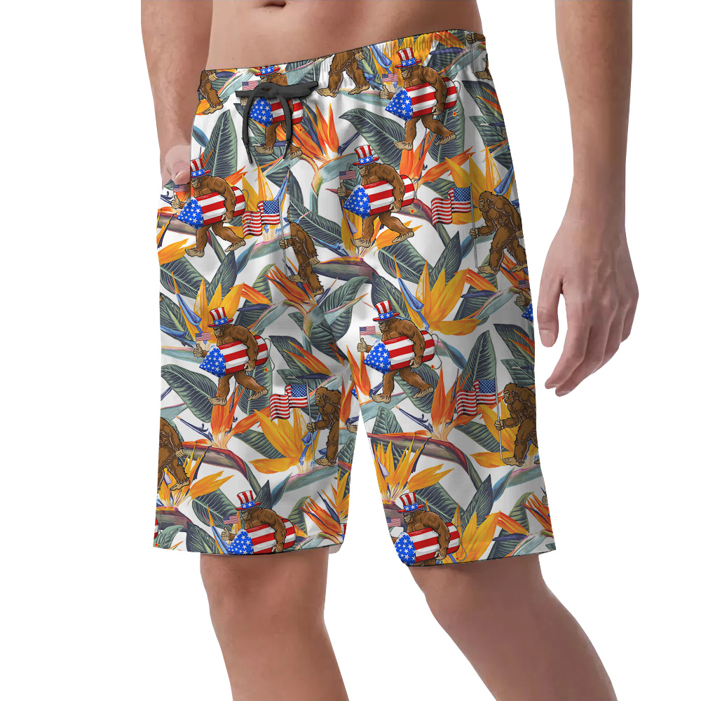 Patriotic Sasquatch American Flag Tropical Beach Shorts For Men