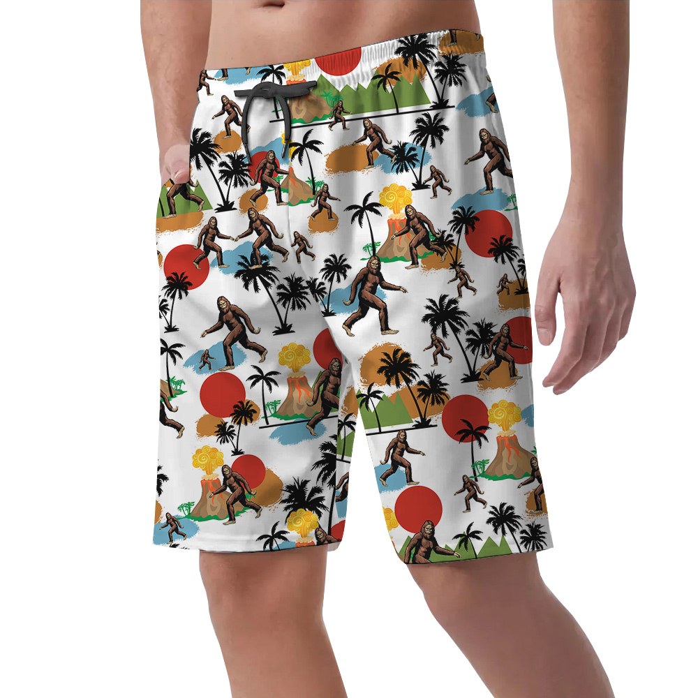 Funny Sasquatch Tropical Volcano Palm Trees Hawaiian Beach Shorts For Men