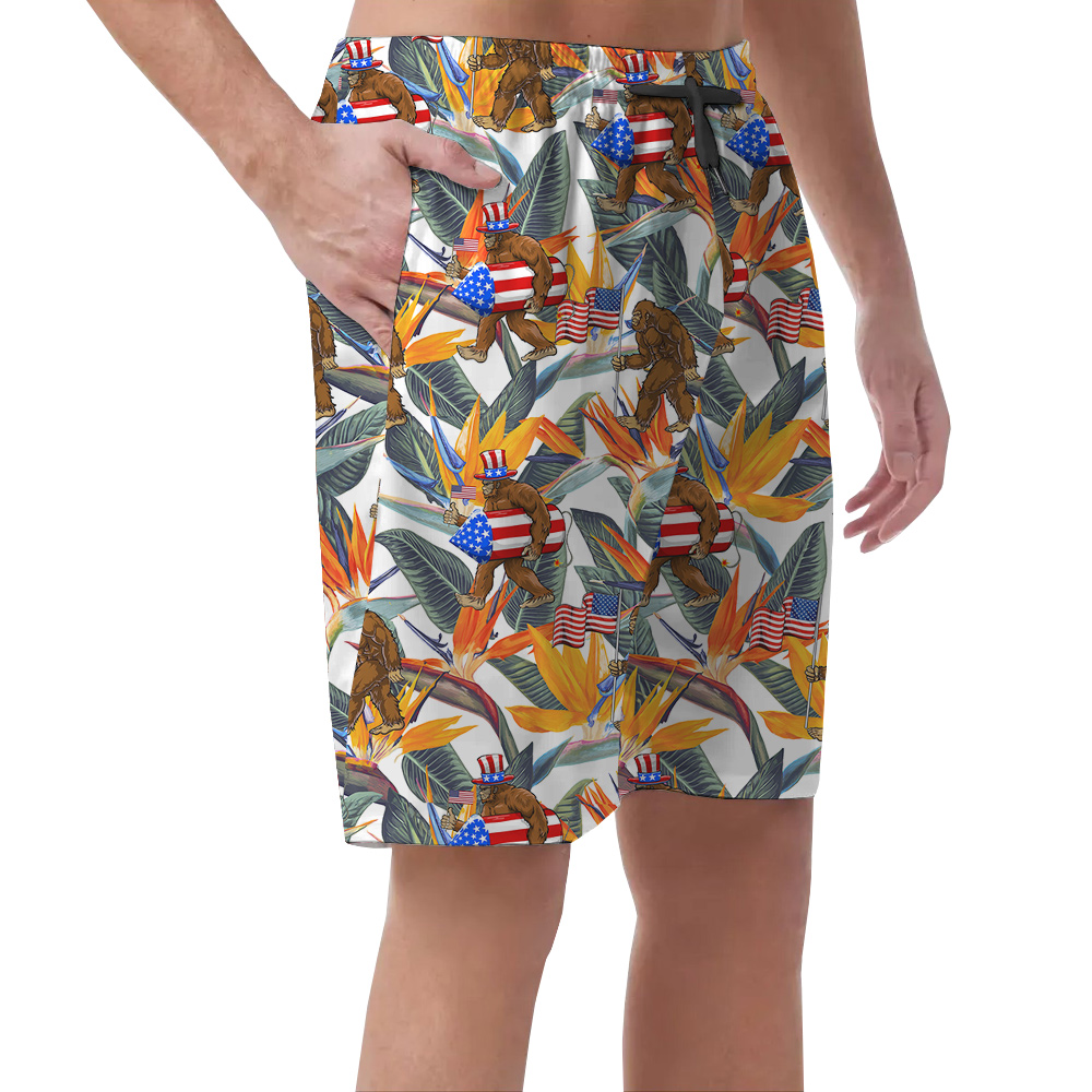Patriotic Sasquatch American Flag Tropical Beach Shorts For Men