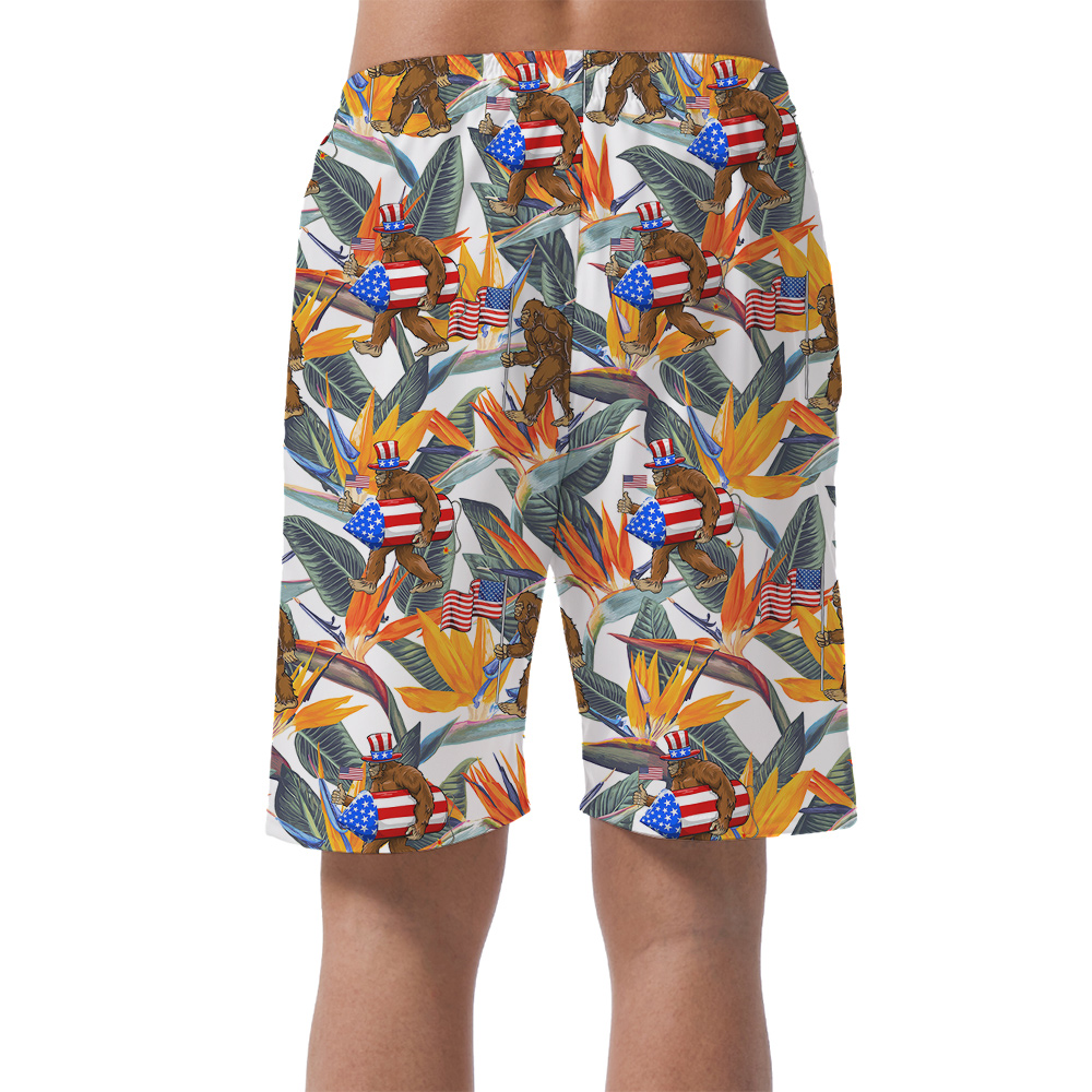 Patriotic Sasquatch American Flag Tropical Beach Shorts For Men