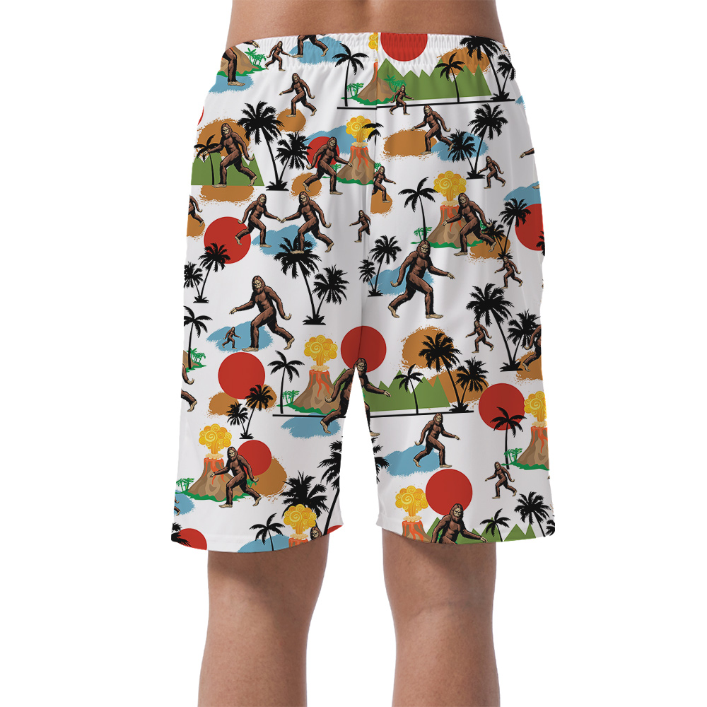 Funny Sasquatch Tropical Volcano Palm Trees Hawaiian Beach Shorts For Men