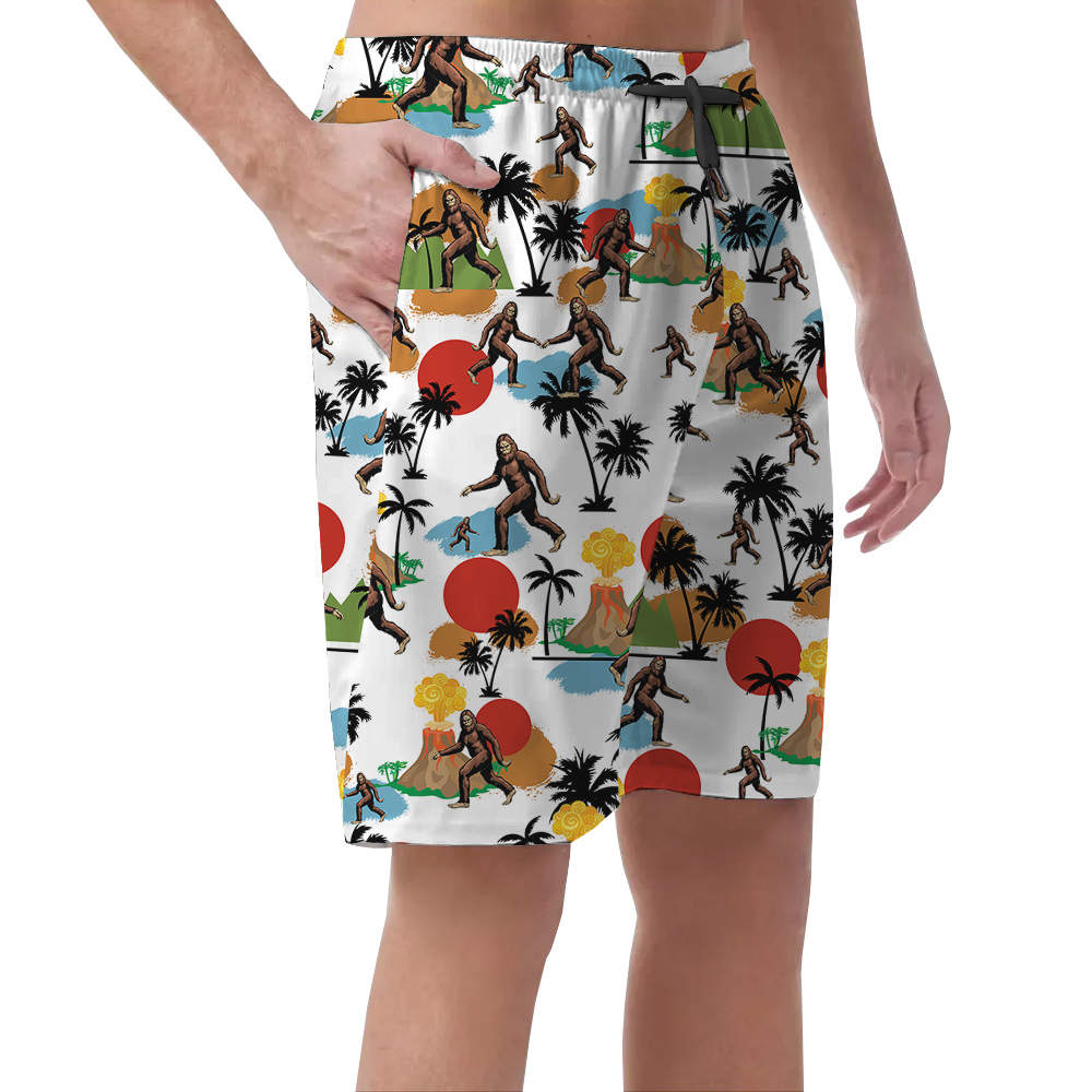 Funny Sasquatch Tropical Volcano Palm Trees Hawaiian Beach Shorts For Men