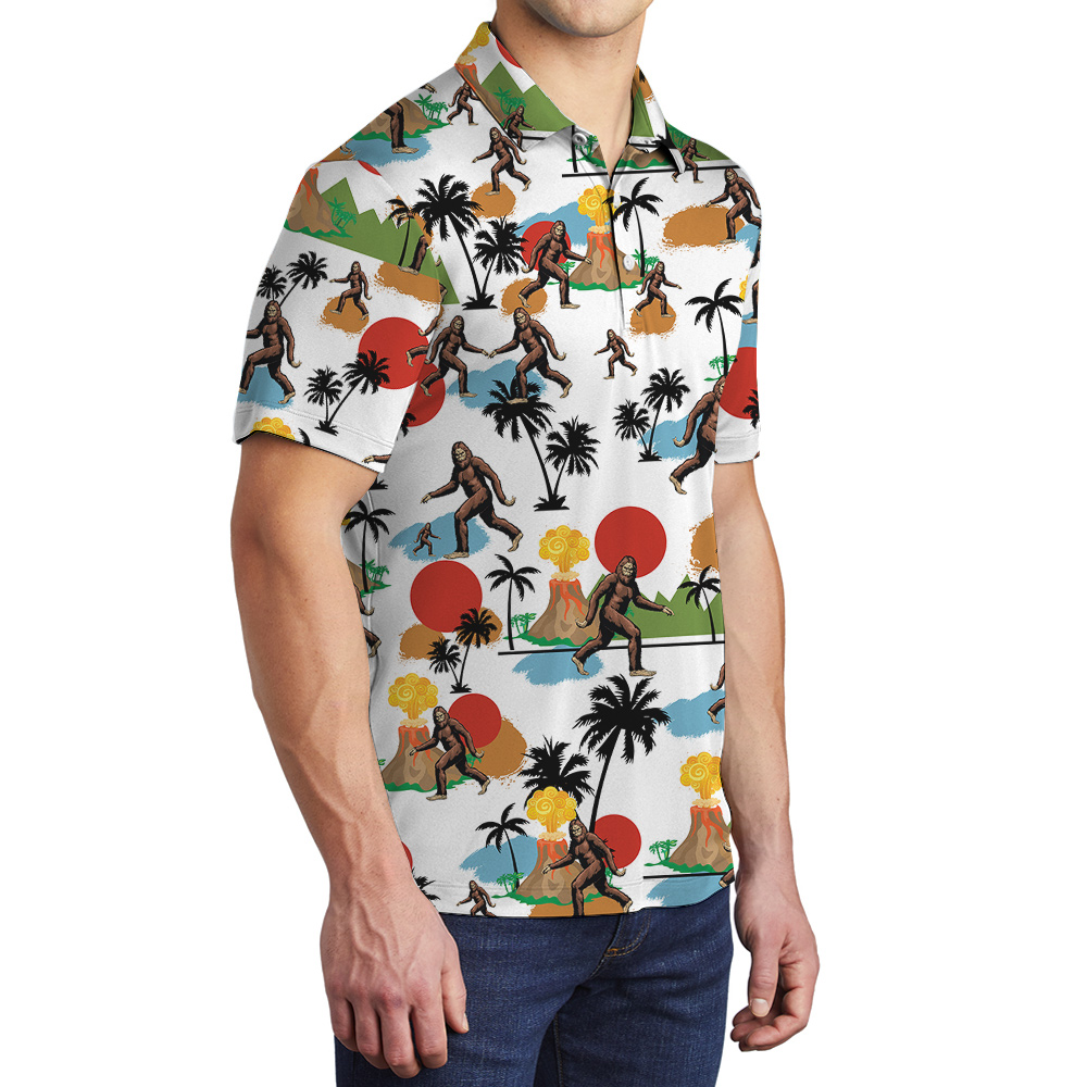 Tropical Islands Volcano Bigfoot Hawaiian Polo Shirt For Men