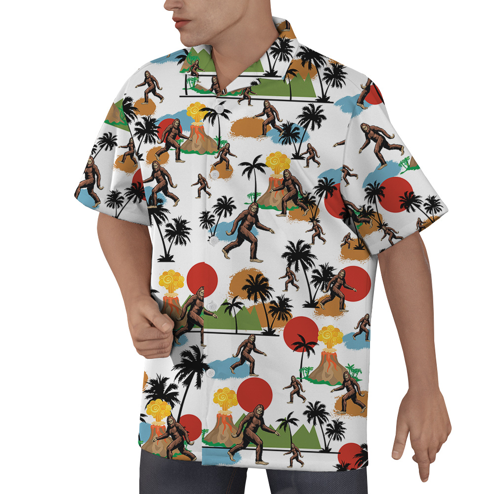 Funny Bigfoot Tropical Islands Volcano Hawaiian Shirt