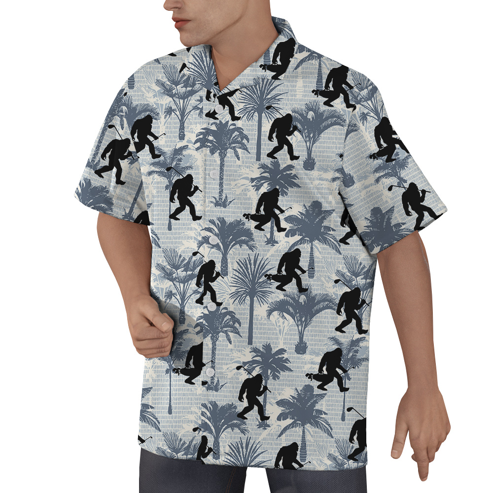 Funny Bigfoot Playing Golf Tropical Palm Trees Blue Hawaiian Shirt