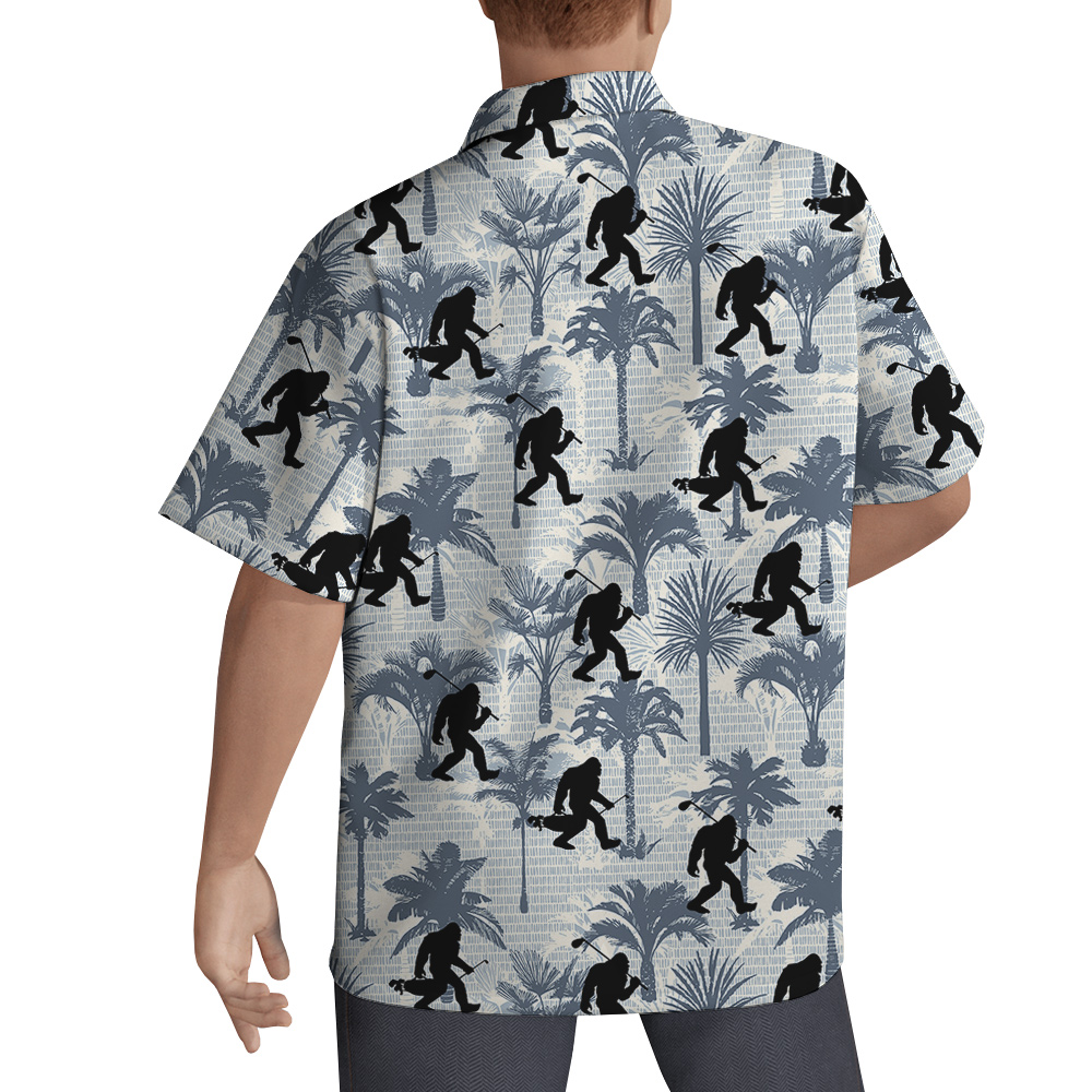 Funny Bigfoot Playing Golf Tropical Palm Trees Blue Hawaiian Shirt