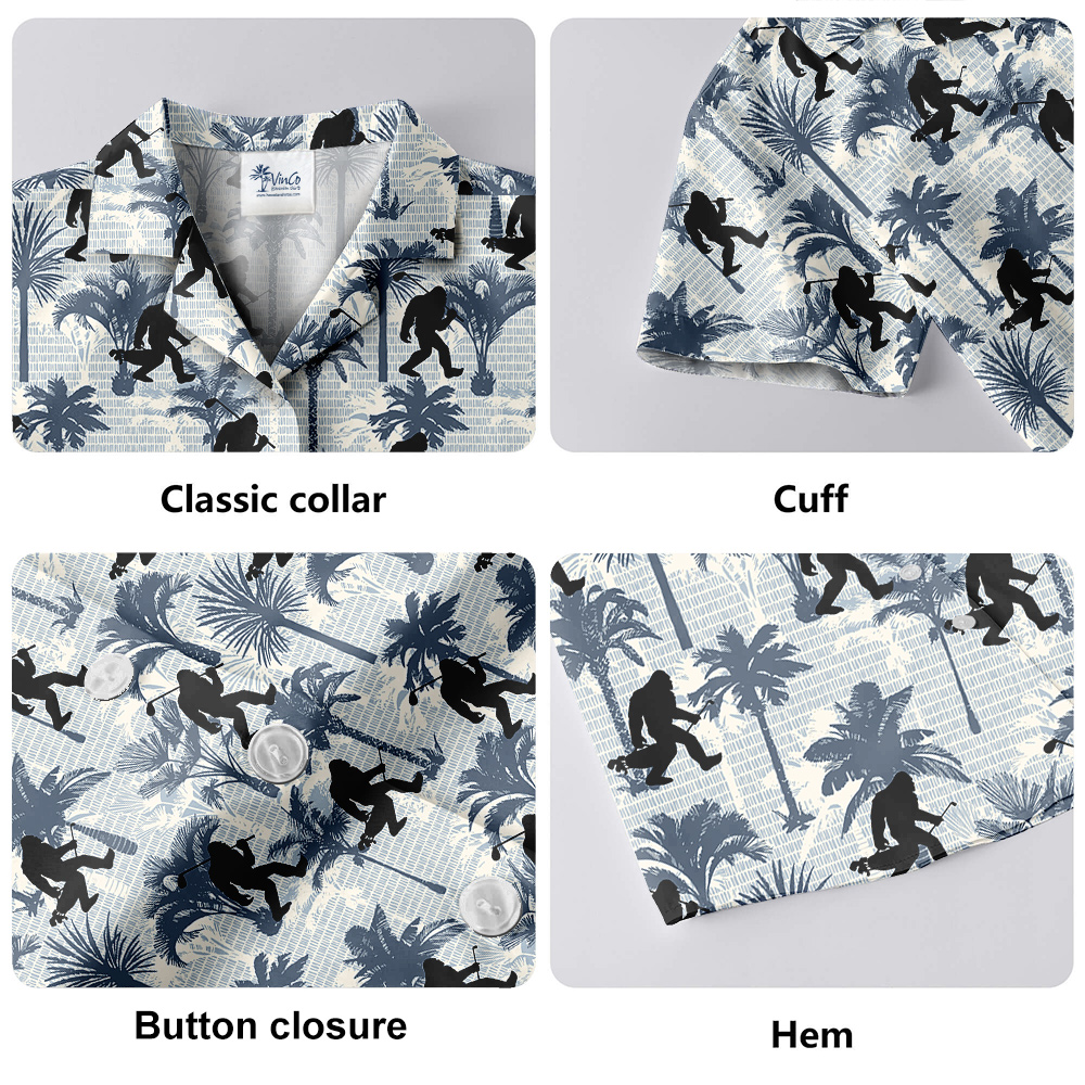 Funny Bigfoot Playing Golf Tropical Palm Trees Blue Hawaiian Shirt