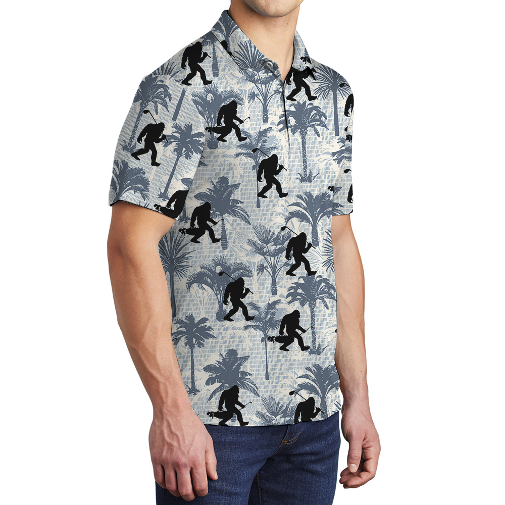 Funny Sasquatch Golf Palm Trees Blue Hawaiian Polo Shirt