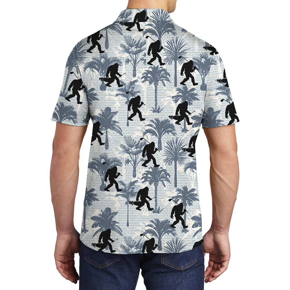 Funny Sasquatch Golf Palm Trees Blue Hawaiian Polo Shirt