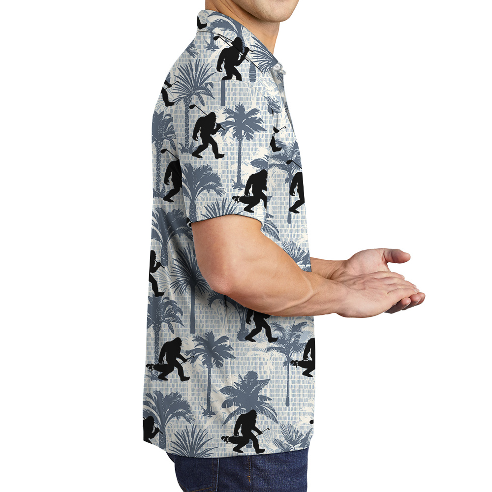 Funny Sasquatch Golf Palm Trees Blue Hawaiian Polo Shirt