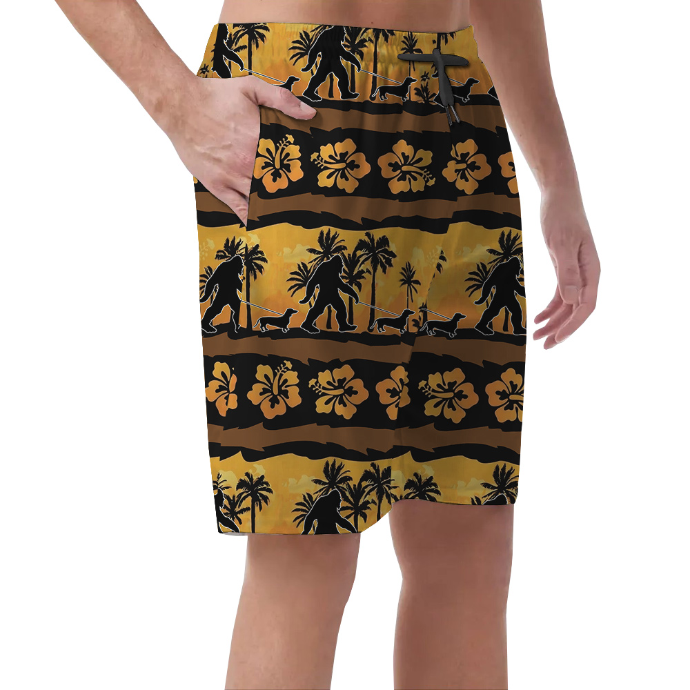 Vintage Hibiscus Bigfoot Walking Dog Hawaiian Beach Shorts For Men