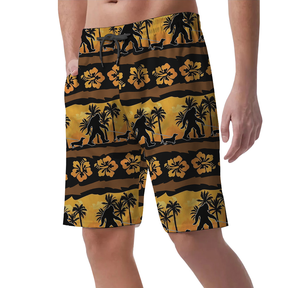 Vintage Hibiscus Bigfoot Walking Dog Hawaiian Beach Shorts For Men