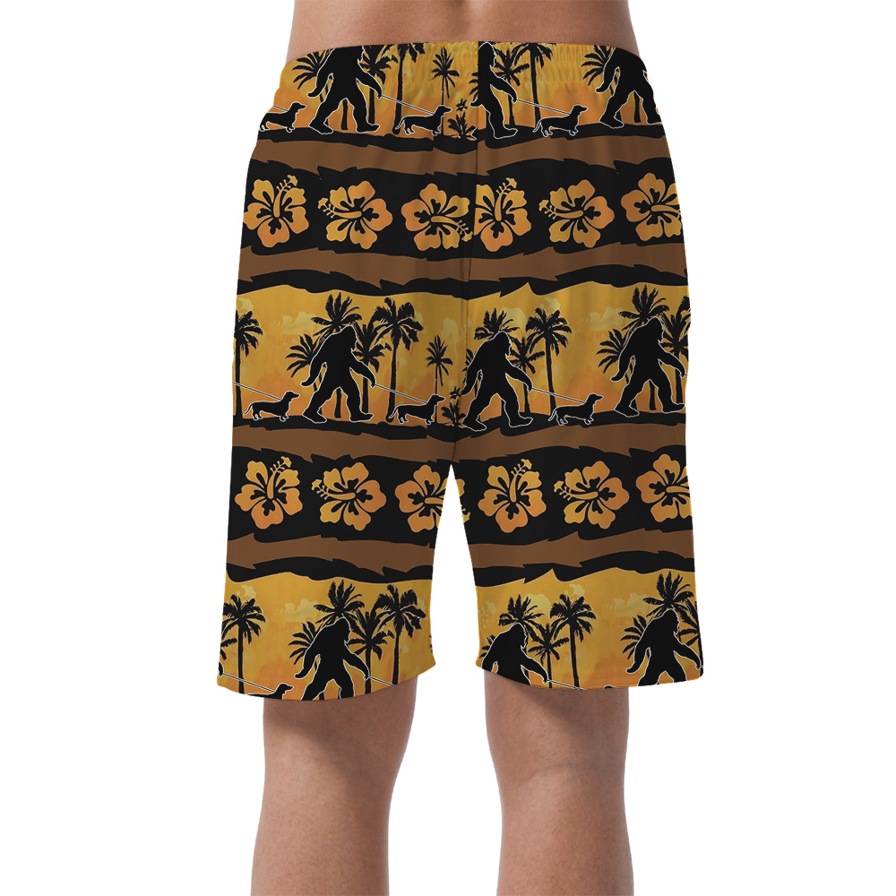 Vintage Hibiscus Bigfoot Walking Dog Hawaiian Beach Shorts For Men