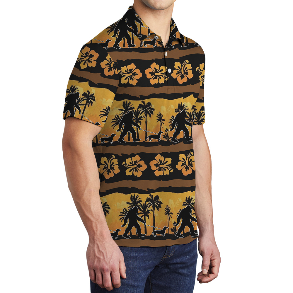 Funny Sasquatch Walking Dog Vintage Palm Tree Hawaiian Polo Shirt