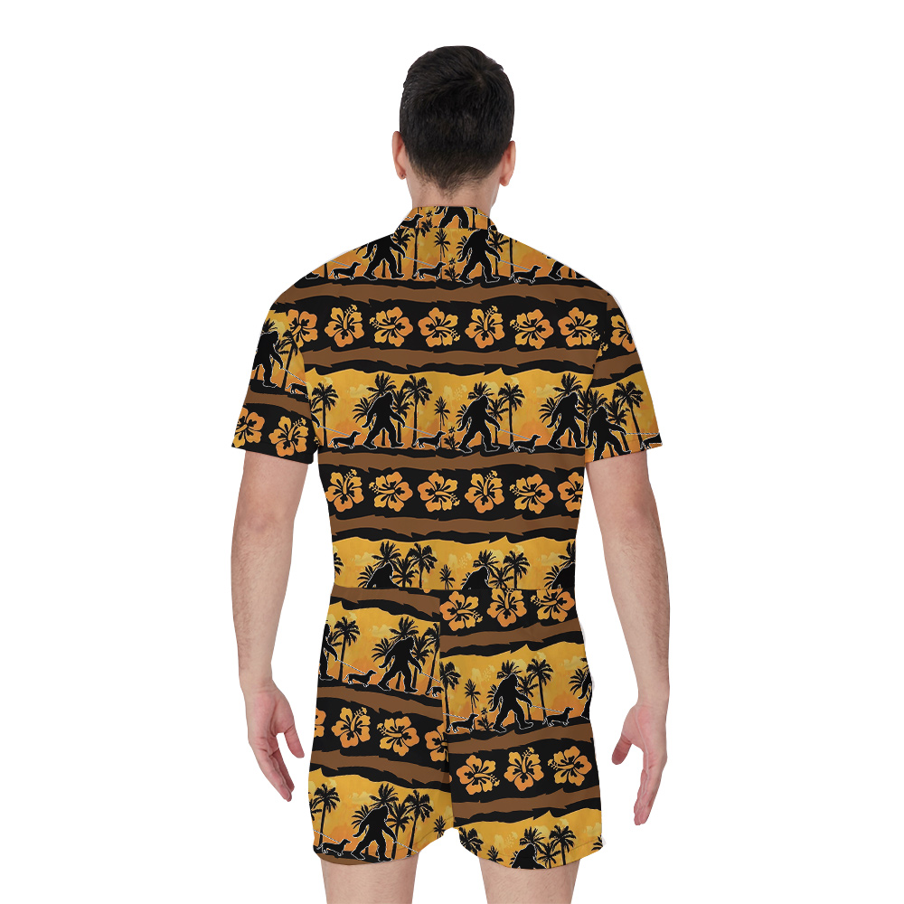 Funny Bigfoot Walking Dog Vintage Hibiscus Hawaiian Romper For Men