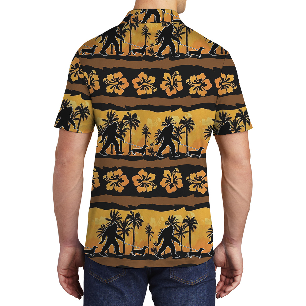 Funny Sasquatch Walking Dog Vintage Palm Tree Hawaiian Polo Shirt