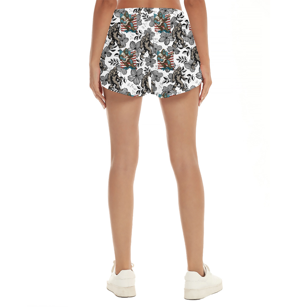 Funny Sasquatch American Flag Floral Hawaiian Beach Shorts For Women