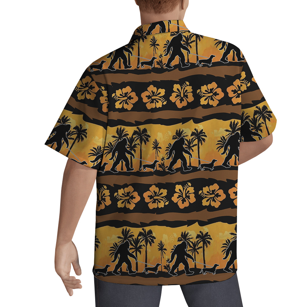 Vintage Bigfoot Walking Dachshund Hibiscus Orange Hawaiian Shirt