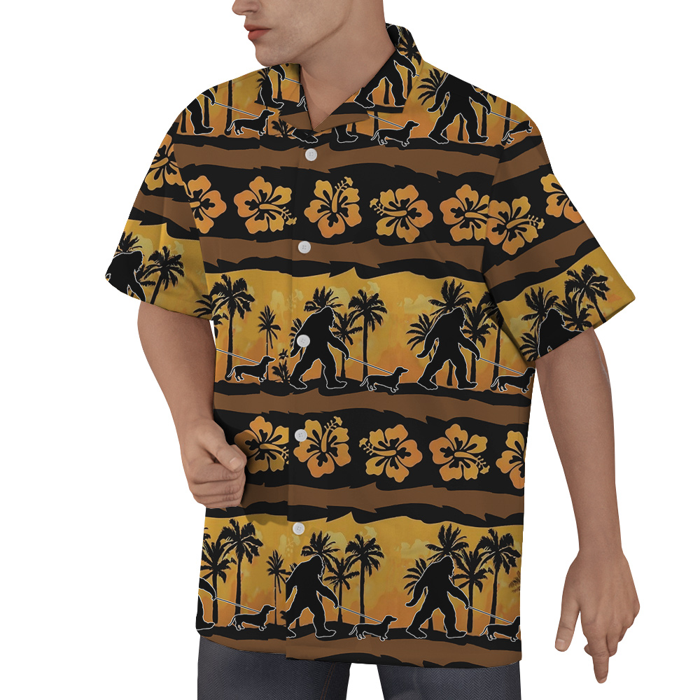Vintage Bigfoot Walking Dachshund Hibiscus Orange Hawaiian Shirt