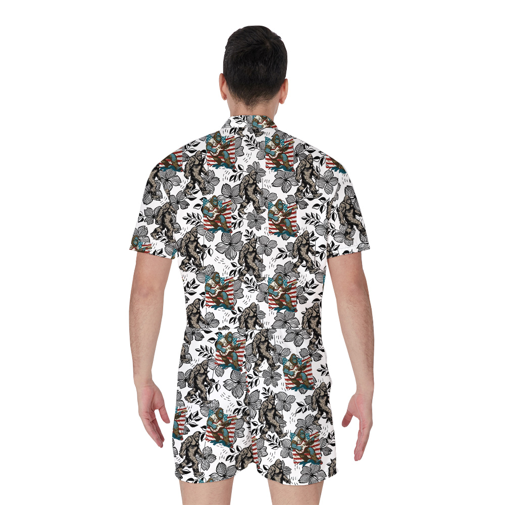 Floral Bigfoot American Flag Vintage Hawaiian Romper For Men