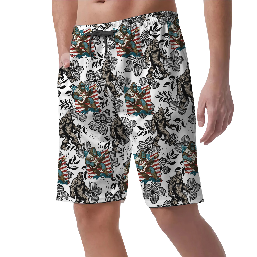 Funny Bigfoot American Flag Floral Vintage Hawaiian Beach Shorts For Men