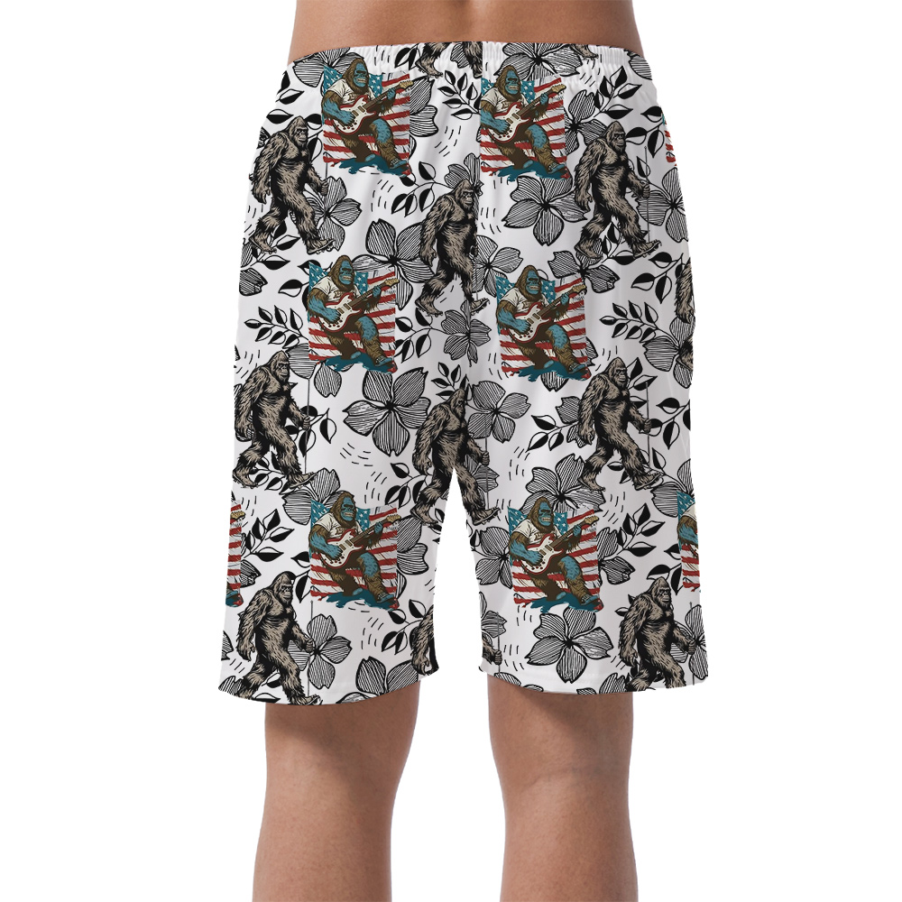 Funny Bigfoot American Flag Floral Vintage Hawaiian Beach Shorts For Men